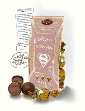 Chokladpraliner och onödigt vetande på insidan med budskapet: "Superwoman"