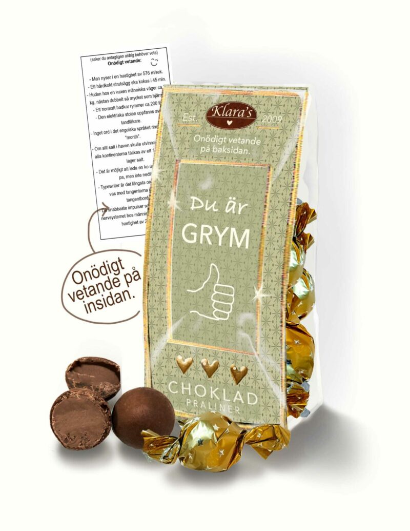 Chokladpraliner och onödigt vetande på insidan med budskapet: "Du är grym"