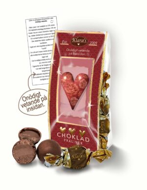 Chokladpraliner från Klar´s Goda presenter med kärleksmotiv.