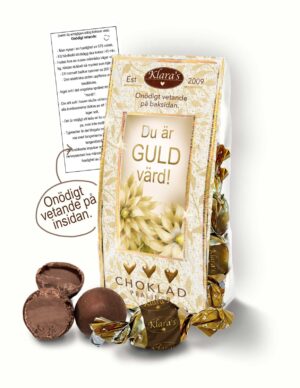 Chokladpraliner från Klara´s Goda Presenter med budskapet Du är guld värd.