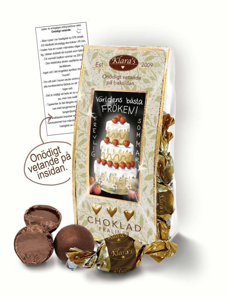 Chokladpraliner från Klara´s Goda Presenter med budskapet Världens bästa fröken.