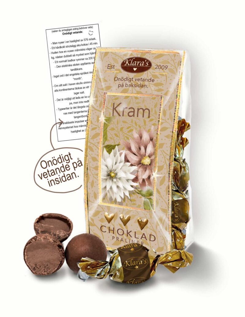 Chokladpraliner från Klara´s Goda Presenter med budskapet Kram.