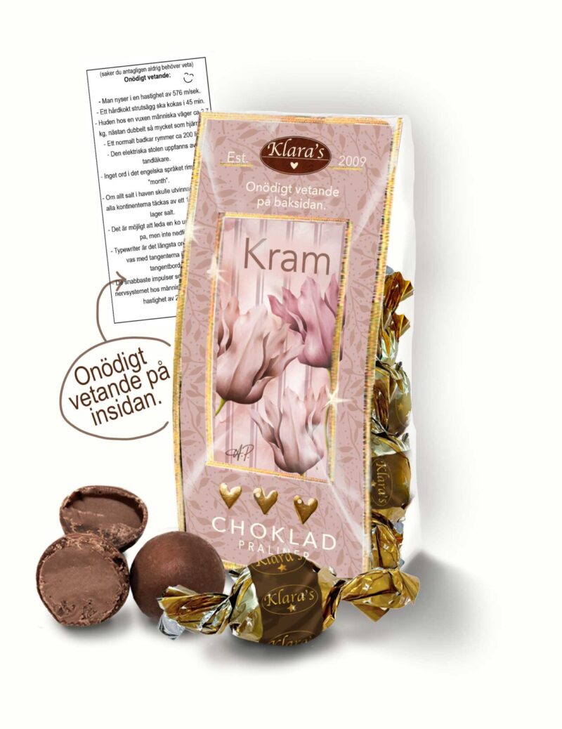 Chokladpraliner från Klaras Goda Presenter, innehåller även ett kort med Onödigt Vetande