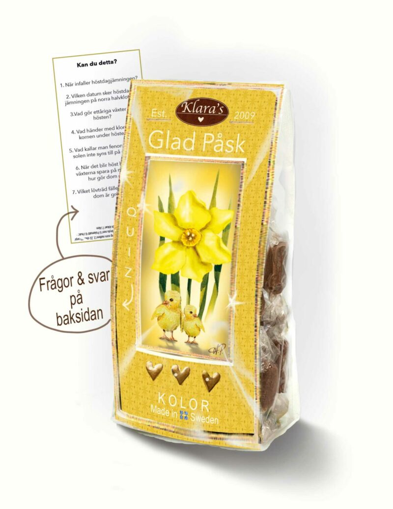 Quiz-påsen Glad Påsk, fin förpackning från Klara´s Goda Presenter med kolor & quiz på insidan.