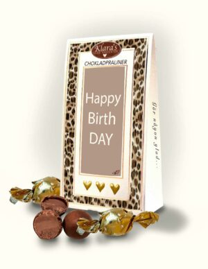 Chokladpraliner från Klara´s Goda Presenter med budskapet Happy Birthday.