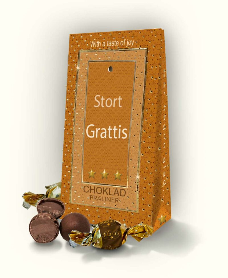 Chokladpraliner från Klara´s Goda Presenter med budskapet "Stort Grattis"