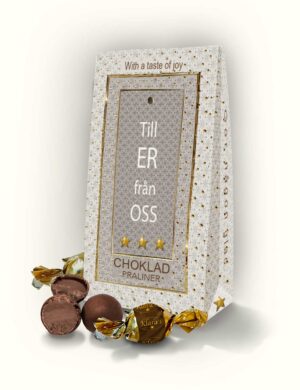 Chokladpraliner från Klara´s Goda Presenter med budskapet Till er från oss.