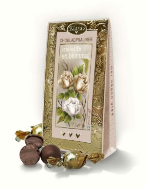 Chokladpraliner i vacker presentförpackning med budskapet "Istället för en blomma"