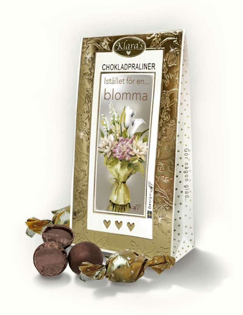 Chokladpraliner från Klara´s Goda Presenter med budskapet "Istället för en blomma"