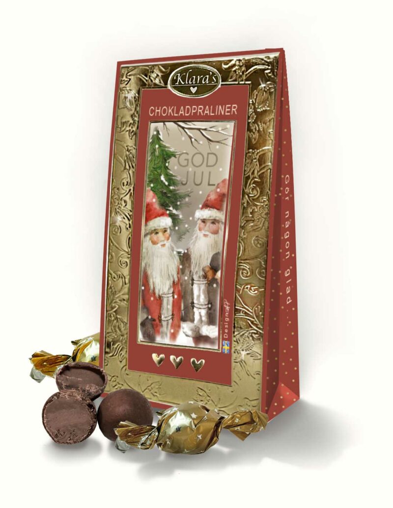 Chokladpraliner med budskapet God Jul, presentförpackning från Klara´s Goda Presenter