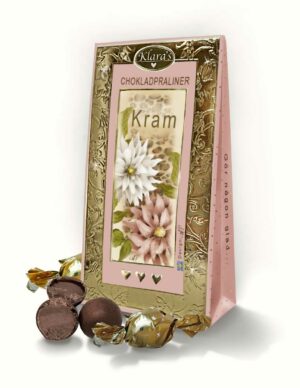 Chokladpraliner i vacker presentförpackning med budskapet "Kram", från Klara´s Goda Presenter.