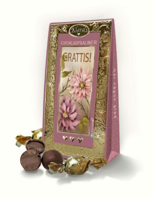 Chokladpraliner i vacker presentförpackning med budskapet "Grattis", från Klara´s Goda Presenter