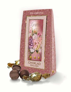 Chokladpraliner från Klara´s Goda Presenter med budskapet Grattis.