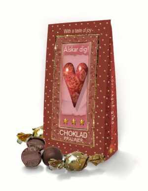 Chokladpraliner från Klara´s Goda Presenter med budskapet Älskar dig.