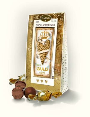 Chokladpraliner från Klara´s Goda Presenter med budskapet "Du är guld värd"