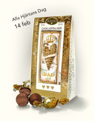 Chokladpraliner från Klara´s Goda Presenter med budskapet: Du är guld värd.