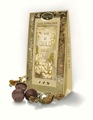 Chokladpraliner i vacker presentförpackning med budskapet "Du är guld värd"