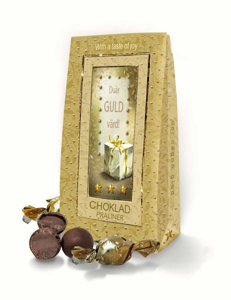 Chokladpraliner från Klara´s Goda Presenter med budskapet Du är guld värd.