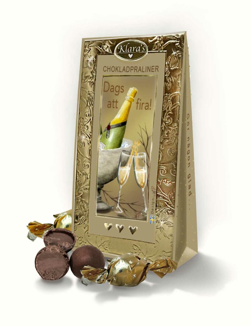 Chokladpraliner i presentförpackning från med budskapet "Dags att fira", från Klara´s Goda Presenter